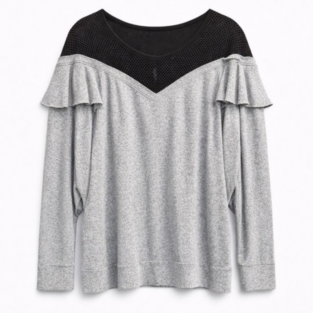Lane Bryant Livi Active Gray Sweatshirt with Mesh and Ruffle Detail